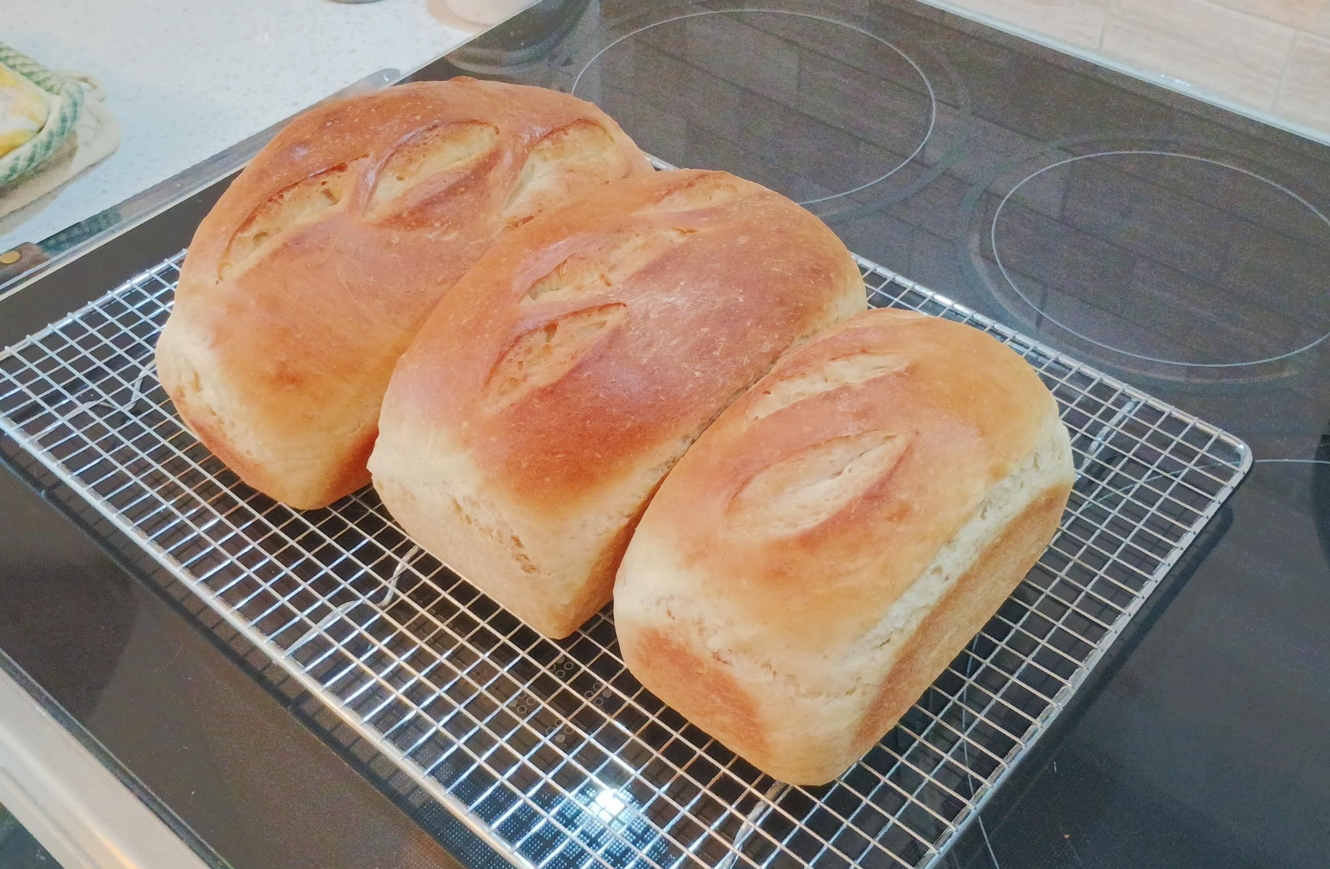 Three loaves all golden coloured sit on a cooling rack.