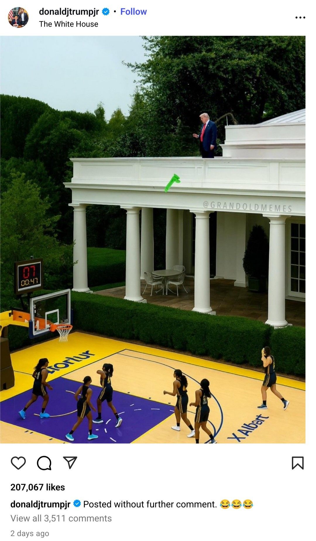 Snapshot of a post from donaldtrumpjr depicting his father on the rooftop of the White House and his green dick falling down towards a basketball field with women playing.

The initial comment is «Posted without further comments 😂😂😂» ... Which is quite brave considering it depicts his fathers dick falling off in green envy ......