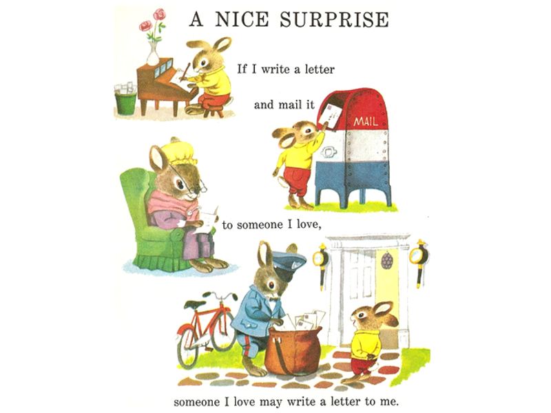 Pencil drawing of rabbits sending letters to each other.