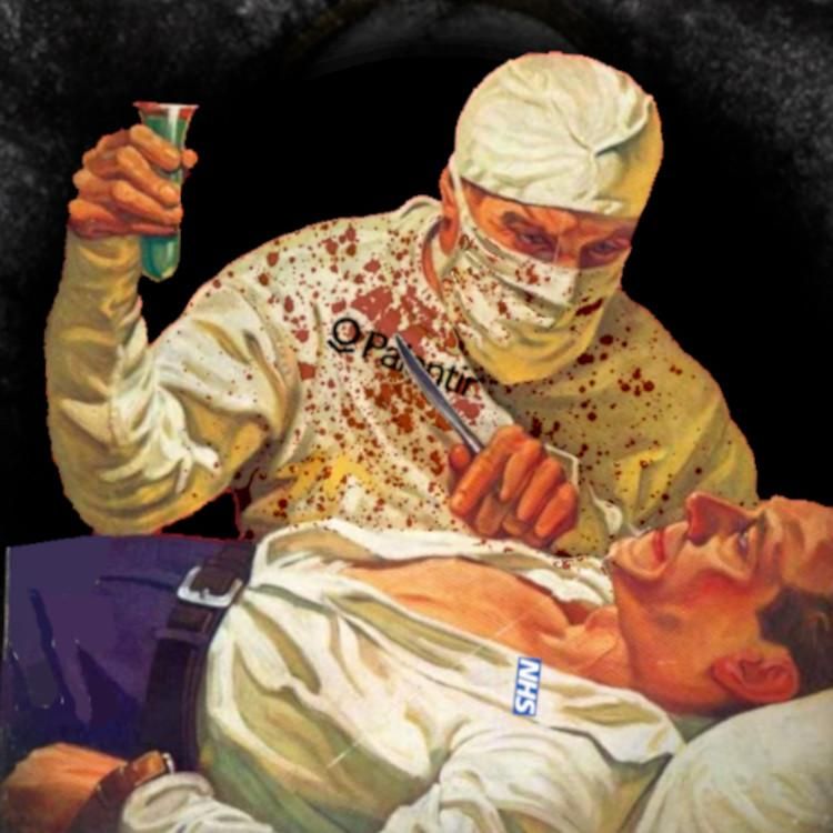 A haunted, ruined hospital building. A sign hangs askew over the entrance with the NHS logo over the Palantir logo. Beneath it, a cutaway silhouette reveals a blood-spattered, scalpel-wielding surgeon with a Palantir logo over his breast, about to slice into a frightened patient with an NHS logo over his breast. Looming over the scene are the eyes of Peter Thiel, bloodshot and sinister.

Image:
Gage Skidmore (modified)
https://commons.m.wikimedia.org/wiki/File:Peter_Thiel_(51876933345).jpg

CC BY 2.0
https://creativecommons.org/licenses/by-sa/2.0/deed.en

