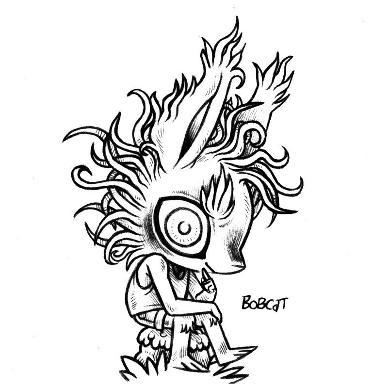 an ink drawing of a humanoid rabbit named Bobcat, sitting on a mossy rock, looking ahead and grinning, a finger near their mouth. Their fur is long, wild, with slight curls, as are their eyebrows and ears. Their eyes are wide and clear. 