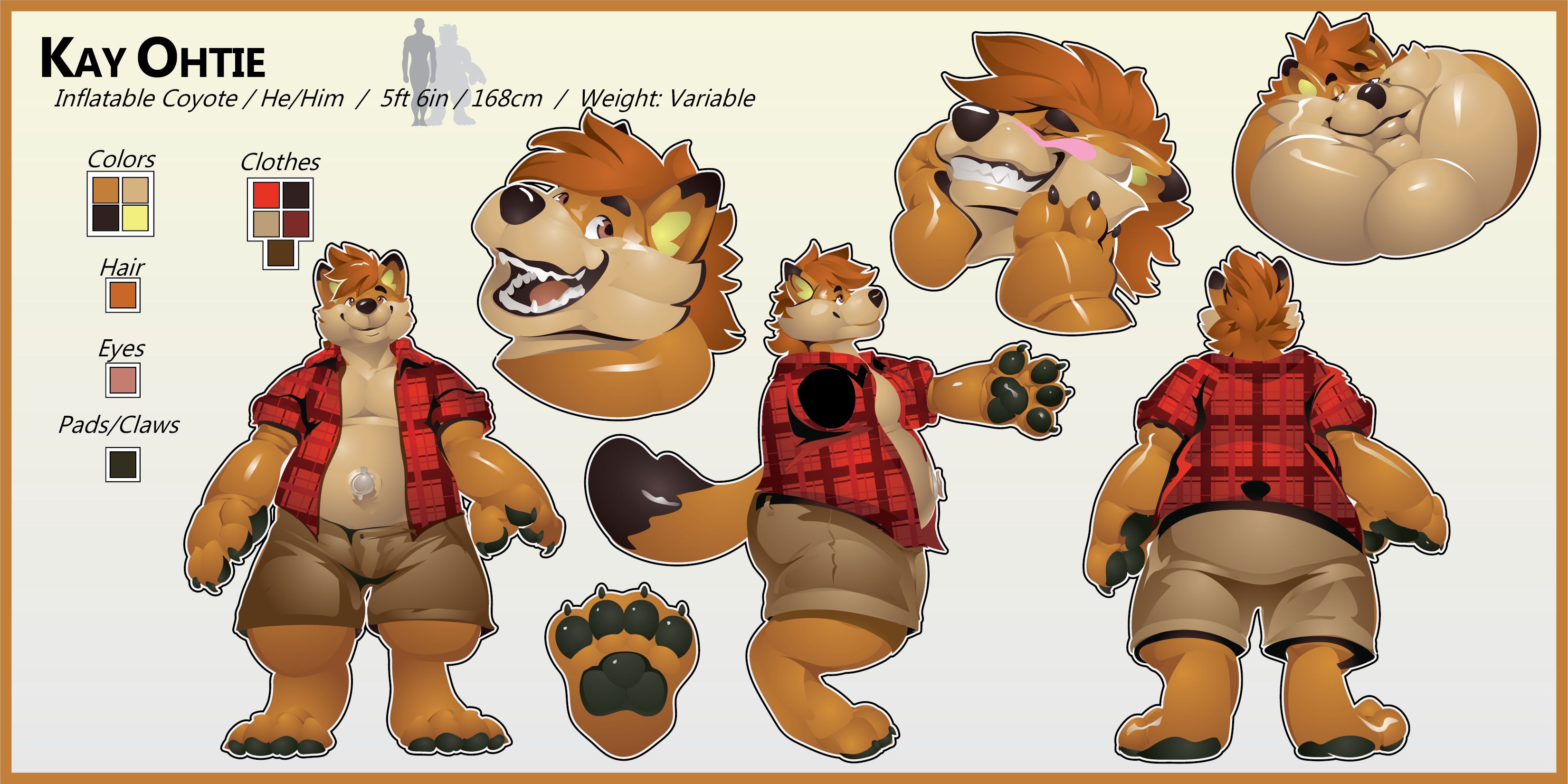 Reference sheet of Kay the inflatable latex coyote wearing a red plaid shirt with the sleeves rolled up, unbuttoned in front to expose his chest and puffy belly and the valve. Also wearing beige shorts. The ref sheet is shaded on the artwork but with swatches, and showcases happy face, blushy face, and a blimpy-faced smirk.
