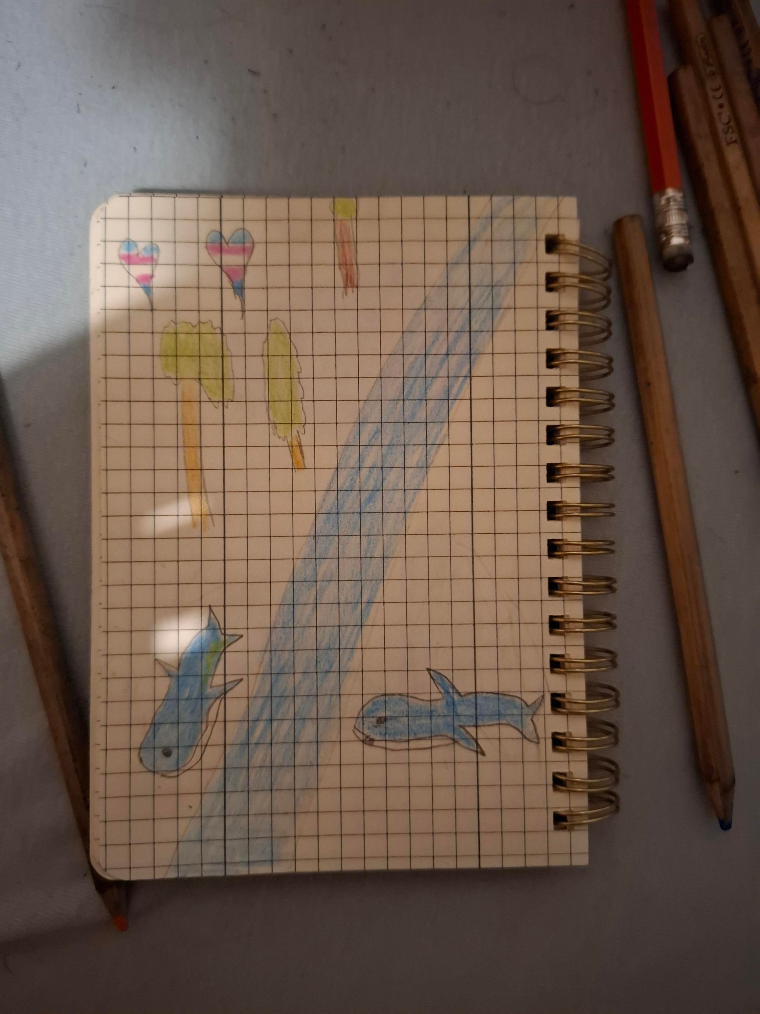 Drawing of a river, 2 blåhaj near river few trees and 2 hearths with a transgender flag colors 