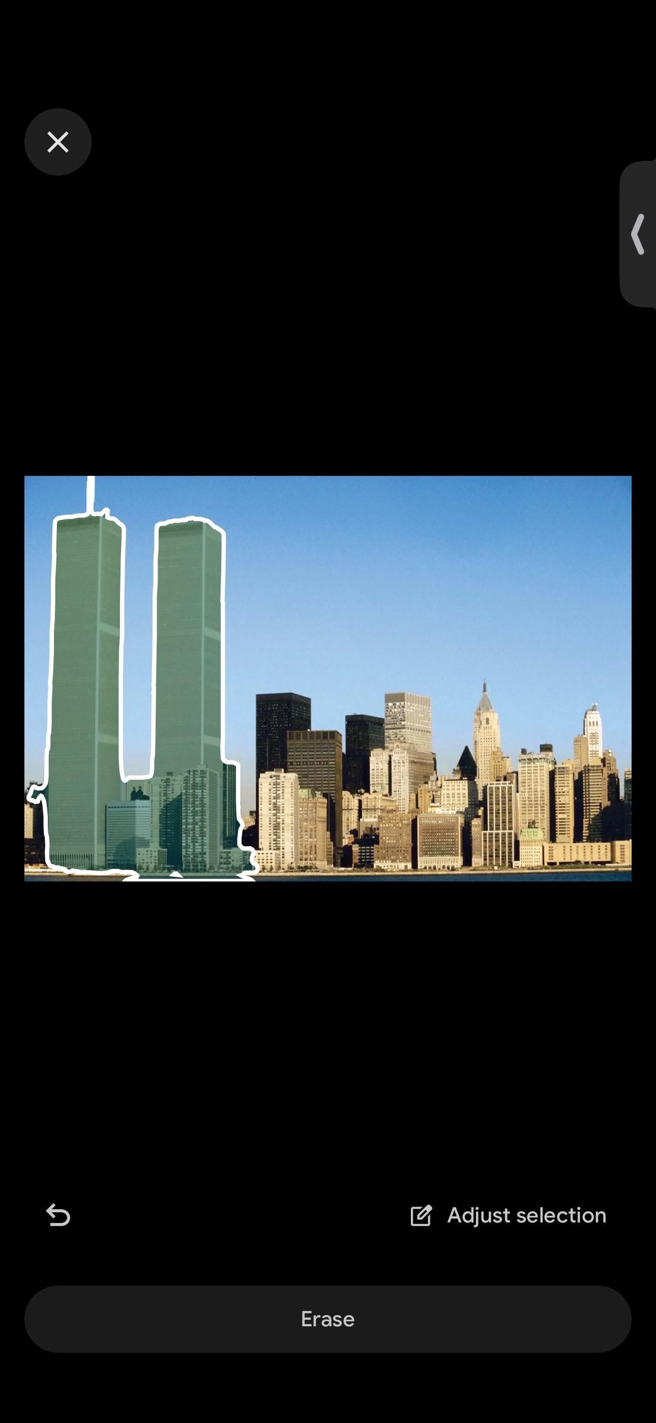 the World Trade Center being selected in Google magic editor