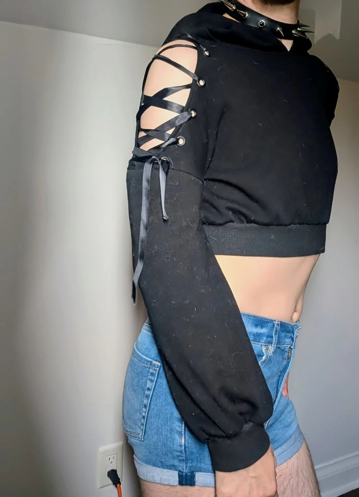 I walk past when I'm suddenly called out to "Hey slut!" 
I stop to look. Is it the cropped black hoodie that caught their eyes? Or the right short-shorts that barely hide my ass? It could be my smooth midriff they see. Maybe they want to put their hands all over me?
Maybe I should have tightened the ribbon that reveal my shoulders. 
But then, I like the attention