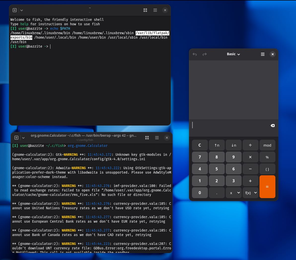 GNOME Calculator launched using the fish shell.