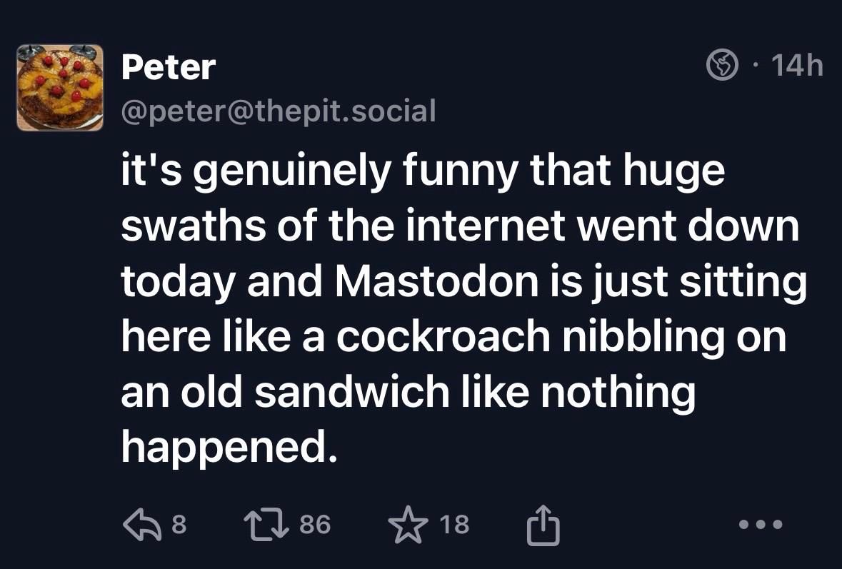 The toot by @peter@thepit.social
“it's genuinely funny that huge swaths of the internet went down today and Mastodon is just sitting here like a cockroach nibbling on an old sandwich like nothing happened.” 
As seen in my Mastifon app and showing 86 boosts and 18 favourites.
