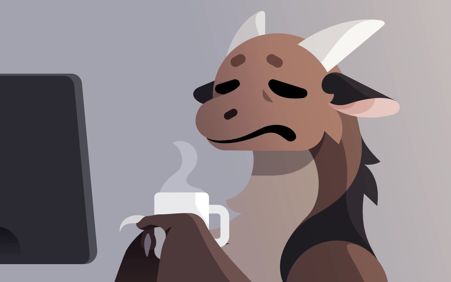 My wyvern character sitting in front of a computer screen holding a coffee mug. He doesn't look quite awake yet.