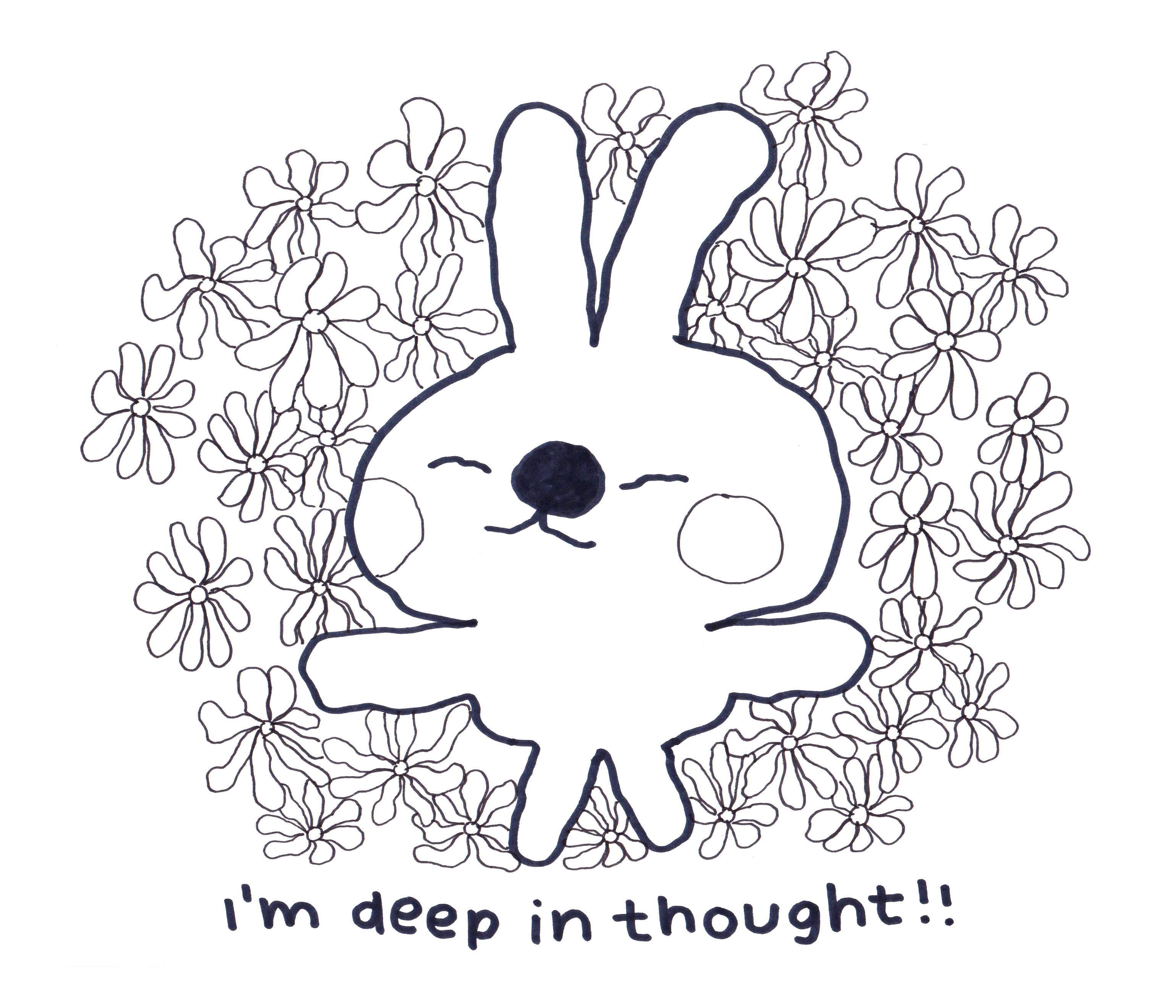A smiling bunny closes its eyes among many flowers. Text reads: "I'm deep in thought!!"