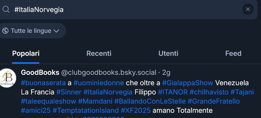 lo spambot GoodBooks che sfrutta tutti gli hashtag italofoni più popolari per spammarsi su bluesky