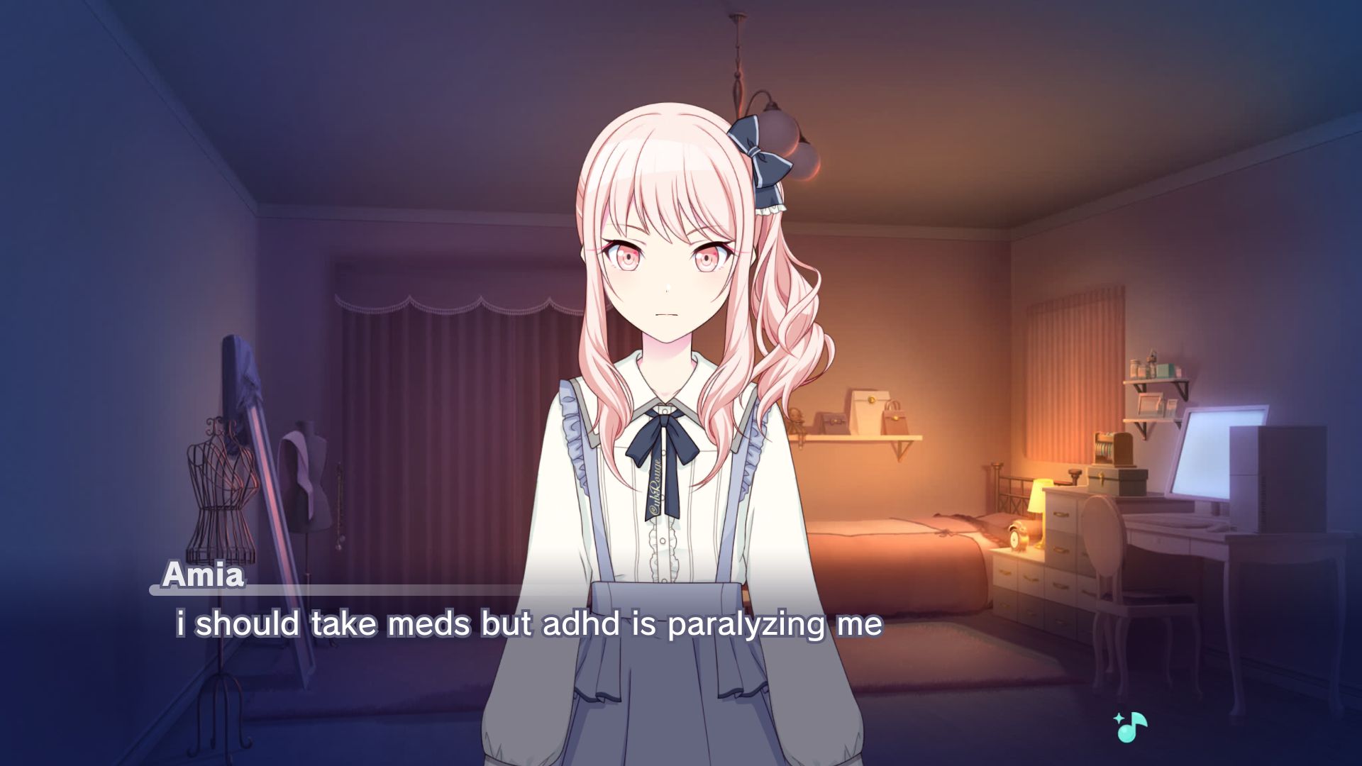 project sekai custom story board with mizuki in her room saying "i should take meds but adhd is paralyzing me"