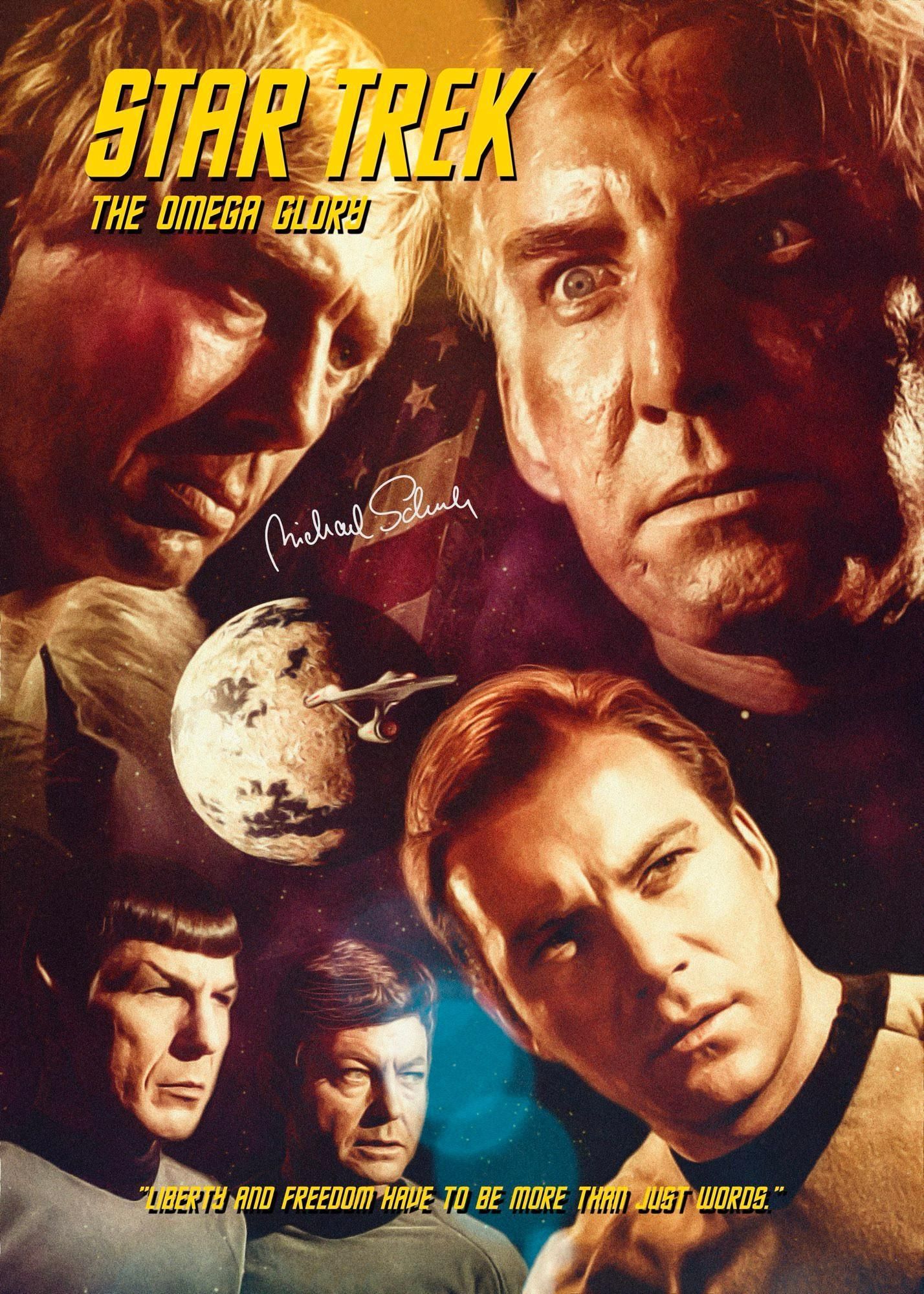 Artist: Michael Schuh 
- @michael76
- @michaels76.bsky.social
- https://www.instagram.com/german_trekfan76/
Created: 2016

A poster for tonight's Star Trek episode The Omega Glory, featuring the faces of Kirk, Spock, McCoy, Capt Tracey, and Cloud William arranged around a planet with the Enterprise in orbit. An American flag is between Cloud and Capt Tracey.