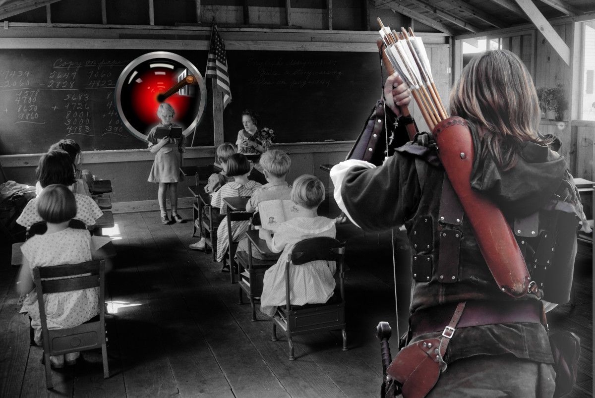 A black and white photo of an old one-room schoolhouse, seen from the back of the classroom. A teacher sits behind a desk and a US flag at the front of the class. Beside her, a small girl stands, reading aloud from a book. The image has been altered. In the foreground is a Robin Hood figure, seen from behind, holding a bow, a quiver of arrows on his back. Behind the little girl is the glaring red eye of HAL 9000 from Stanley Kubrick's '2001: A Space Odyssey.' An arrow vibrates dead-center in the eye.

Image:
Cryteria (modified)
https://commons.wikimedia.org/wiki/File:HAL9000.svg

CC BY 3.0
https://creativecommons.org/licenses/by/3.0/deed.en

--

Lee Haywood (modified)
https://www.flickr.com/photos/leehaywood/4659575229/

CC BY-SA 2.0
https://creativecommons.org/licenses/by-sa/2.0/

