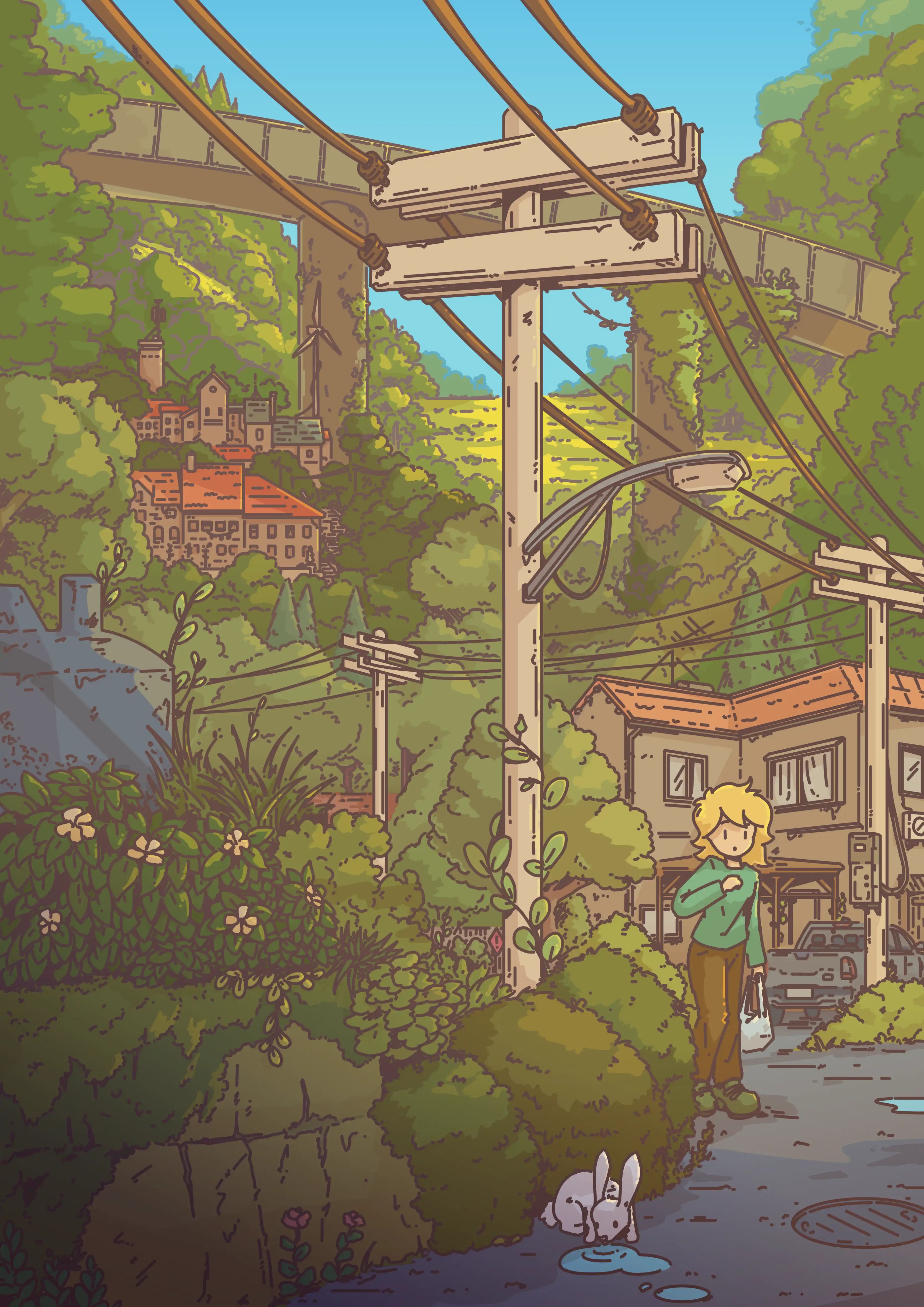 A vibrant, colorful illustration of the same scene, showcasing lush greenery, houses nestled in hills, and utility poles with wires.