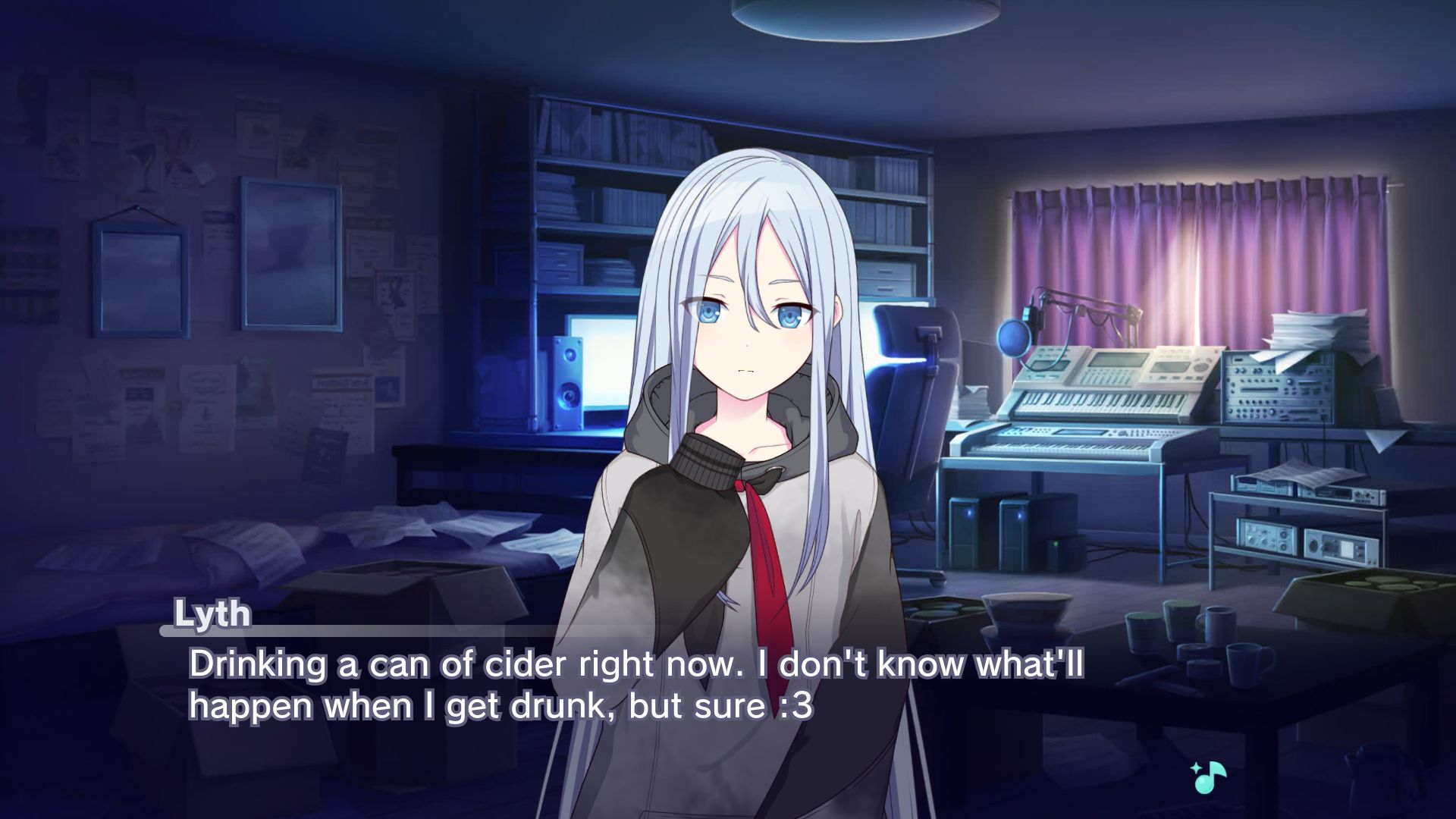 Project Sekai custom scene of Lyth in an approximation of her room saying "Drinking a can of cider right now. I don't know what'll happen when I get drunk, but sure :3"