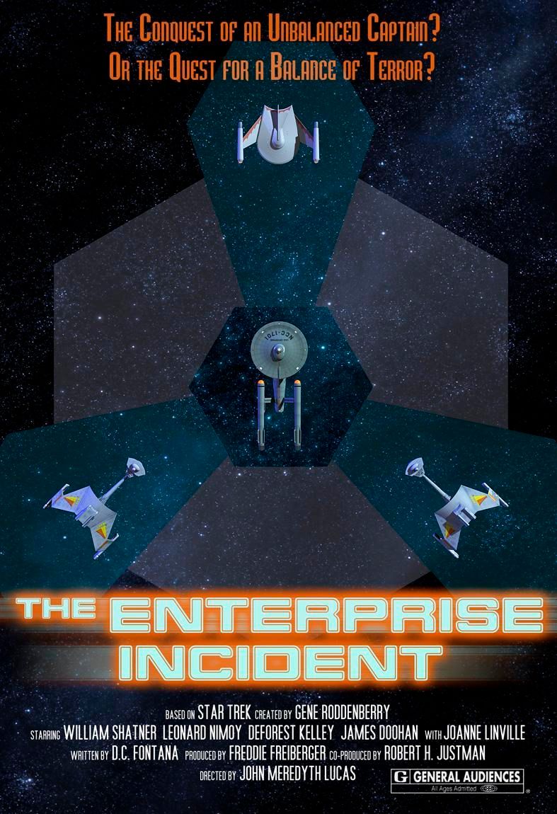 Artist: Rob Caswell
- https://www.deviantart.com/robcaswell

Source: https://www.deviantart.com/robcaswell/art/The-Enterprise-Incident-192892291
Created: 2011

A poster for the Star Trek episode The Enterprise Incident, featuring a overhead view of the Enterprise squaring off against two Klingon starships, and one Romulan starship.