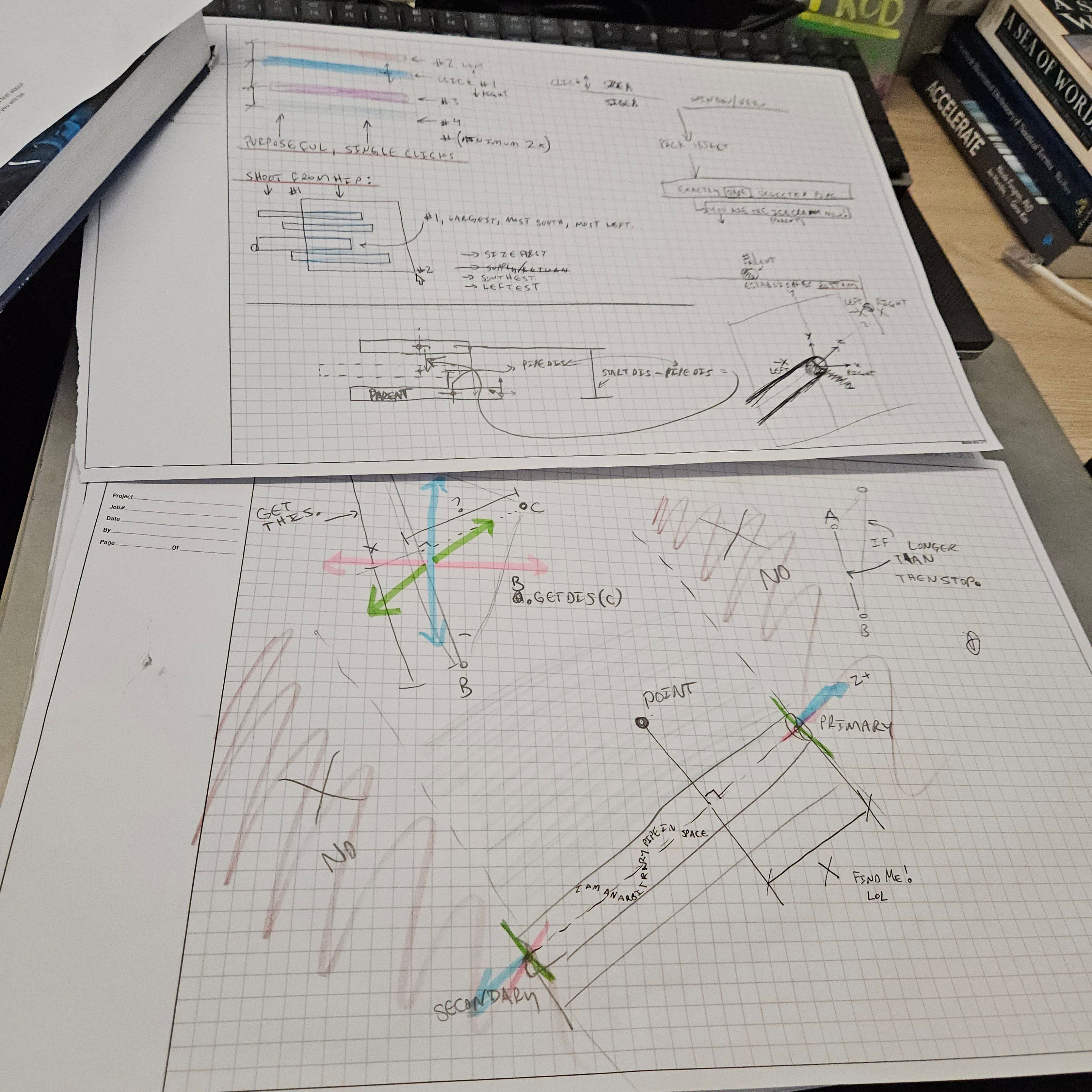 A couple sheets of graph paper with vector maths and other graphic representations abstract of pipe for construction purposes.