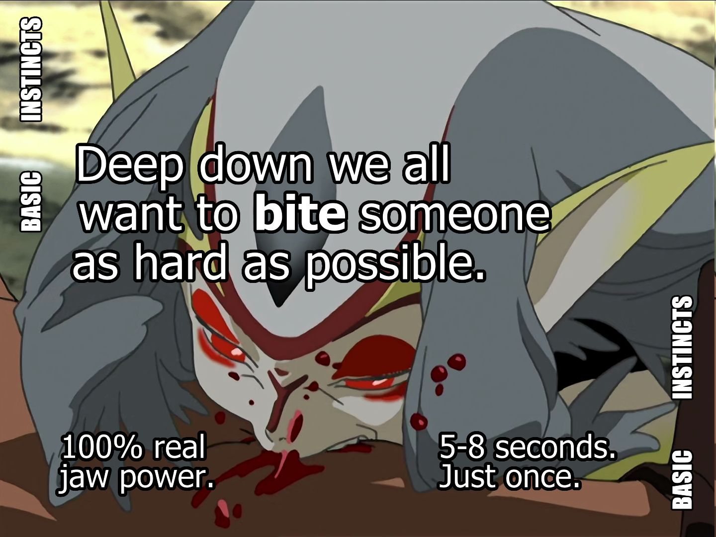 [ID: Screenshot from Blue Submarine No. 6. Mutio a humanoid but nonhuman person, bites Tetsu, drawing blood. Text says, "Basic Instincts: Deep down we all want to bite someone as hard as possible. 100% real jaw power. 5-8 seconds. Just once." /end ID]
