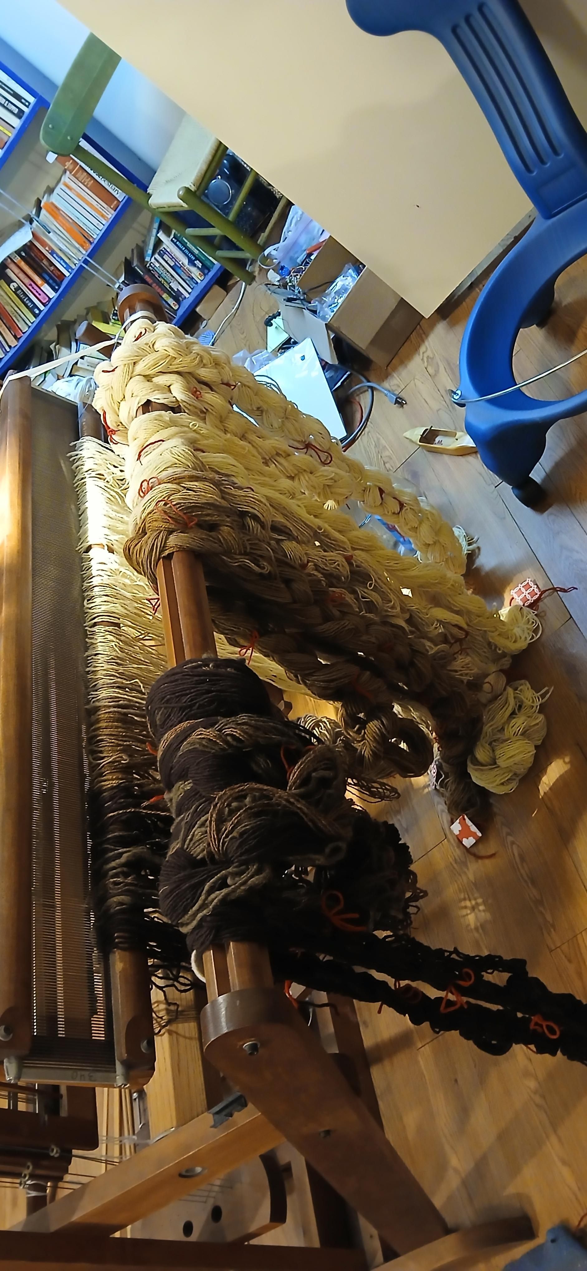 340 lines of warp hanks hanging off the cloth beam