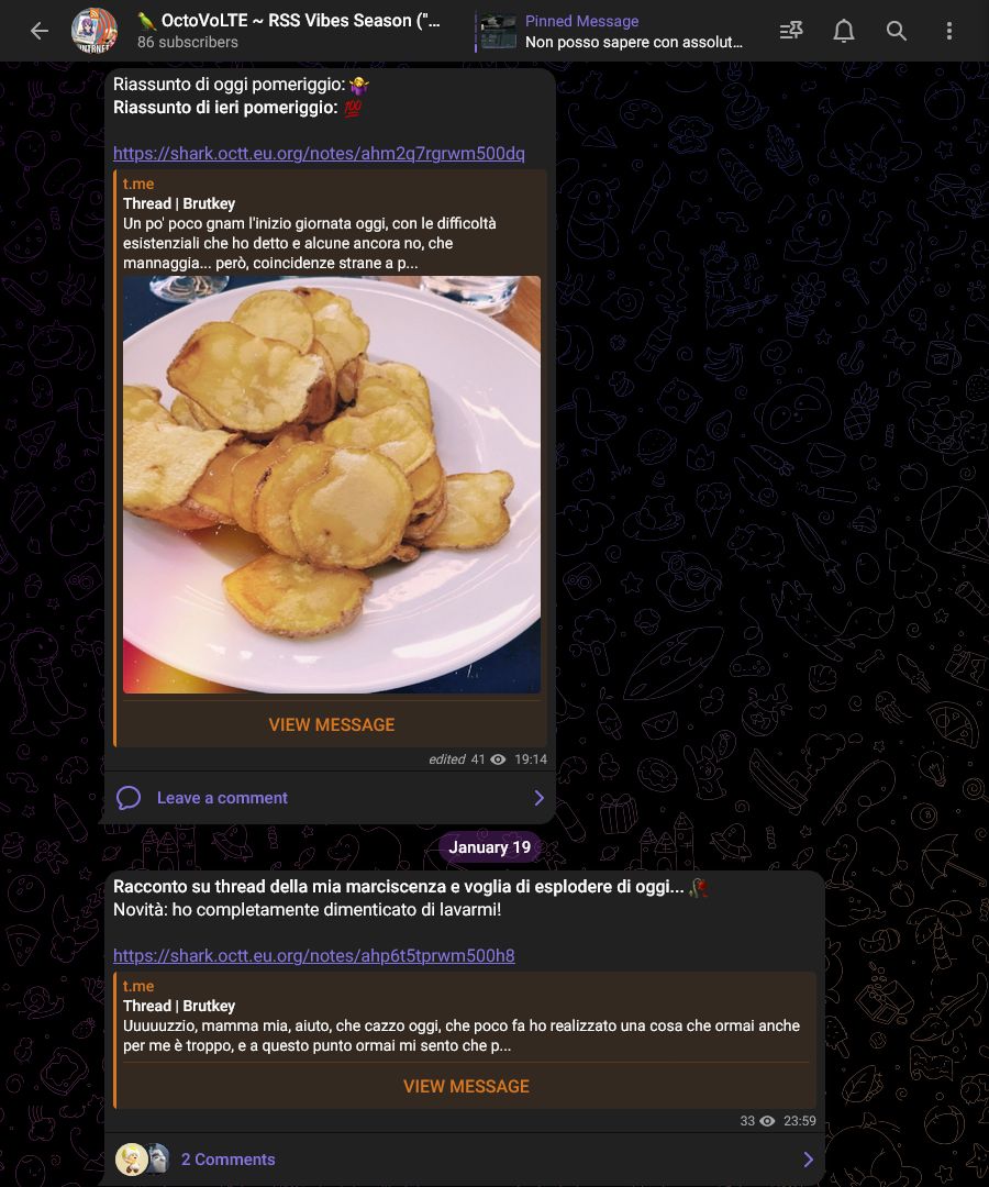 Schermata del mio canale su Telegram WebK che mostra 2 messaggi di 2 thread condivisi in questo modo, uno con foto di copertina e uno senza