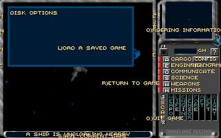 screenshot of Solar Winds. The Disk Options menu is being shown, but the text strings for it are all over the place.
"Load a saved game" is at the bottom right of the dialog, "return to game" is over the star view, "save current game" is slightly off the screen at the bottom, and "ordering information" is showing up over the radar 