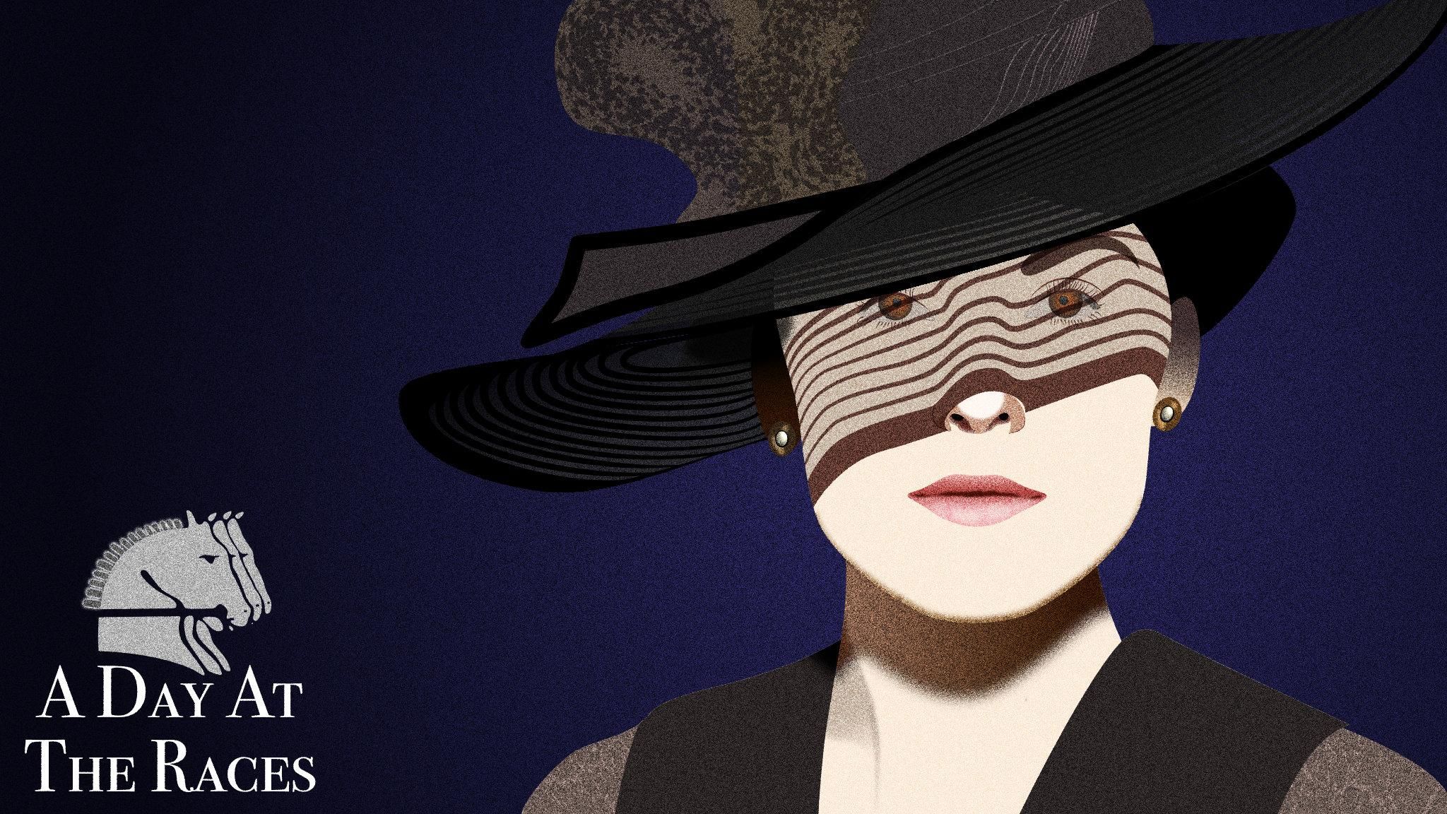 Vector drawing of Lady Mary, played by Michelle Dockery, emerging from a dark blue background into the sun. The brim of her semi-transparent sun hat drapes her face in hard shadow stripes. Dressed for a day at Ascot.