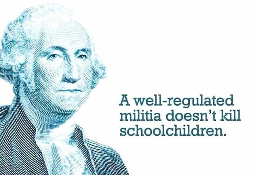 A head/chest pic of George Washington, next to the words: "A well-regulated militia doesn't kill school children"