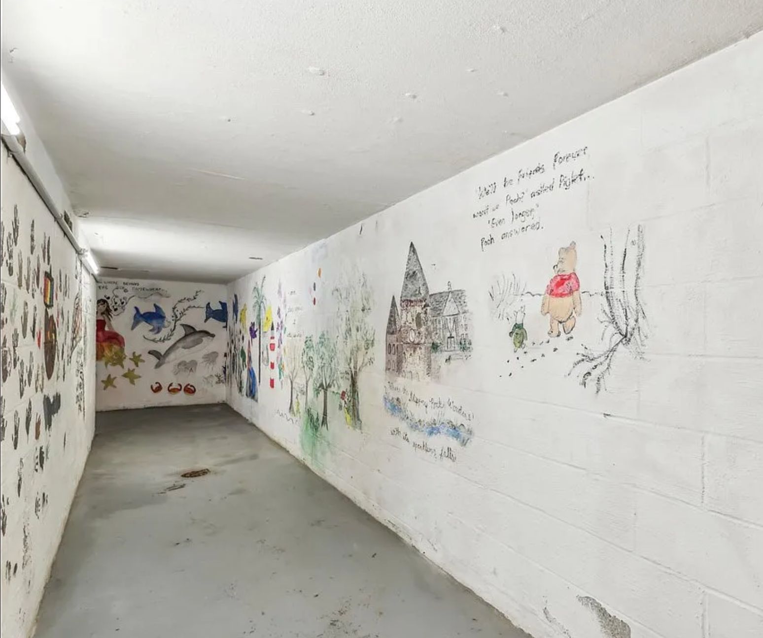 A long very narrow room with a concrete floor and many crudely drawn images on the wall such as dolphins and starfish, hand prints, Winnie the Pooh, trees and a castle. Some of the drawings are smeared and worn like people have been touching it over time. 