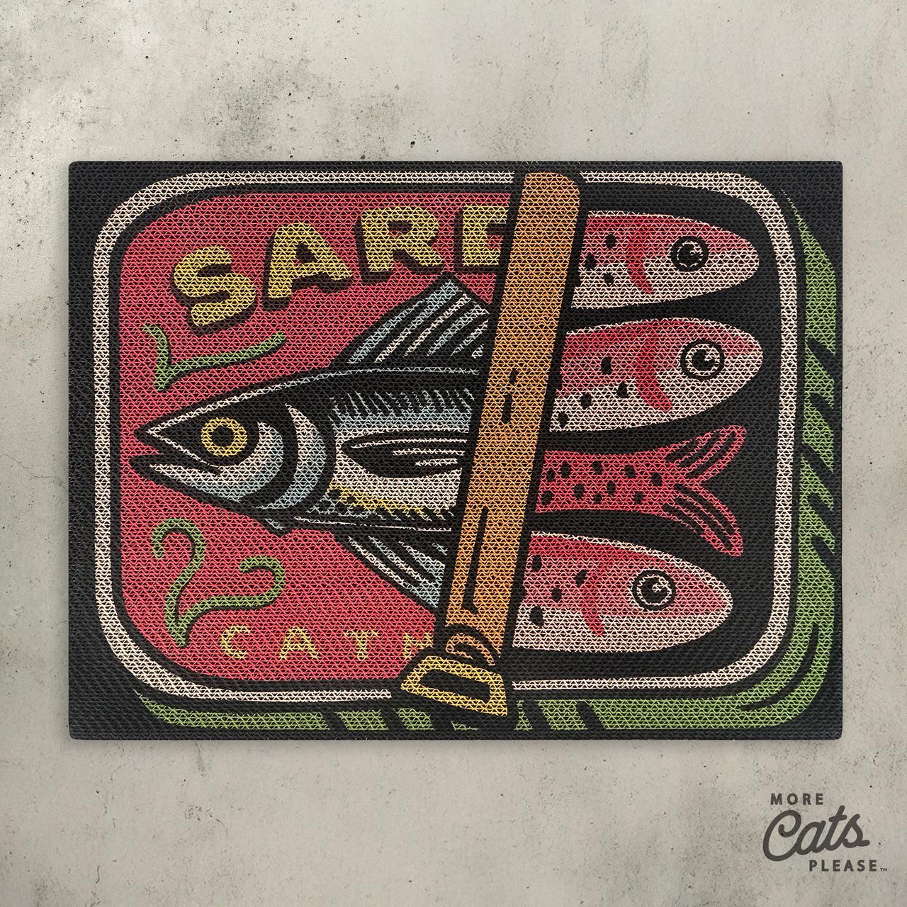 A cat scratching board that looks like a half opened can of sardines.