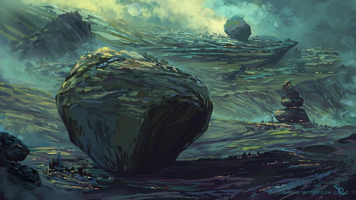 A lush green scenery with purple and blue fields and streams. The inhabitants of this alien planet worship giant rocks (at least 4.5 times larger than their highest building). They feel safe in the light and in the shadows of these rocks. Crops and fields on these large stones nourish the green cities. They have special tools and learned when they have to leave their favorite sacred rocks for a new place. Sometimes they even live around stacked stone structures. Fairy Tales tell how the rocks were brought here. In the distance, we can see more cities and two moons or planets. It seems to be early morning, and the morning fog draws a misty panorama. The queen living in the castle is enjoying her tea, planning a new tea variety, we can guess it is green tea, but she is ambitious and invents an organic purple blend.

https://www.deviantart.com/sylviaritter/art/Speedpainting-12122025-1274472494
