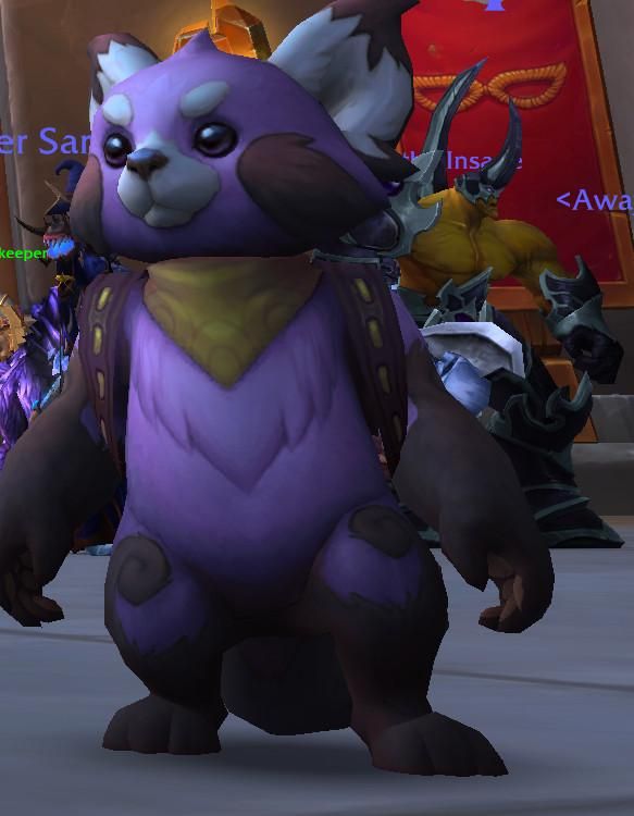 a screenshot from world of warcraft of the new twitch battle pet drop, the shadefur brewthief. they are small, round, and are colored pinkish-purple with brown patches of fur on their arms, feet and tail. the ears are fluffy and white. they also have a yellow bandana around their neck and are carrying a tiny brown backpack.