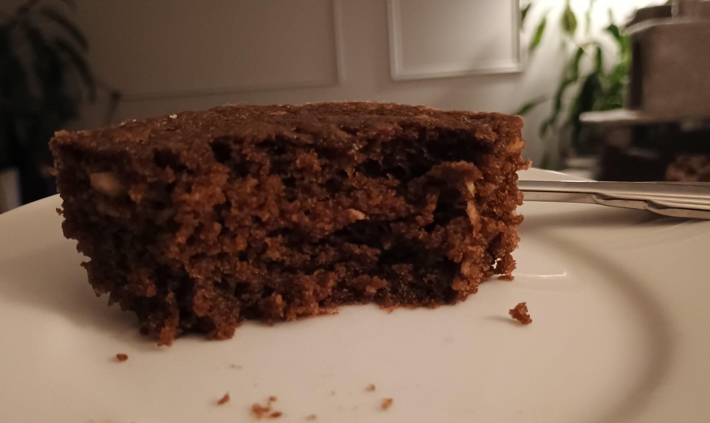 Close-up of a cake chunk getting consumed. The crumb is dark and moist. Nice chocolate and coconut flavours with a bit of crunch.