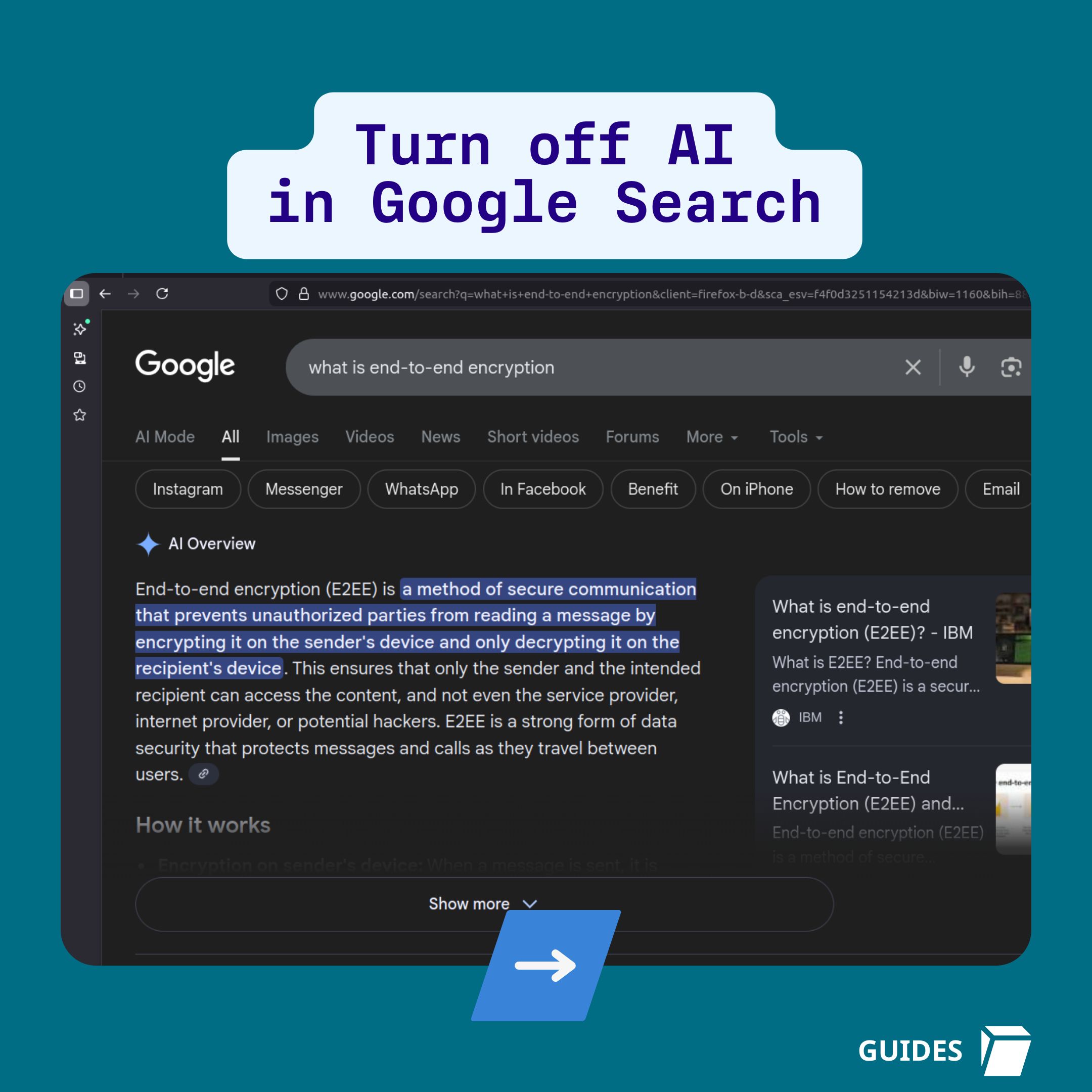 Turn off AI in Google Search: screenshot of a search in Google with the AI overview displayed. 
