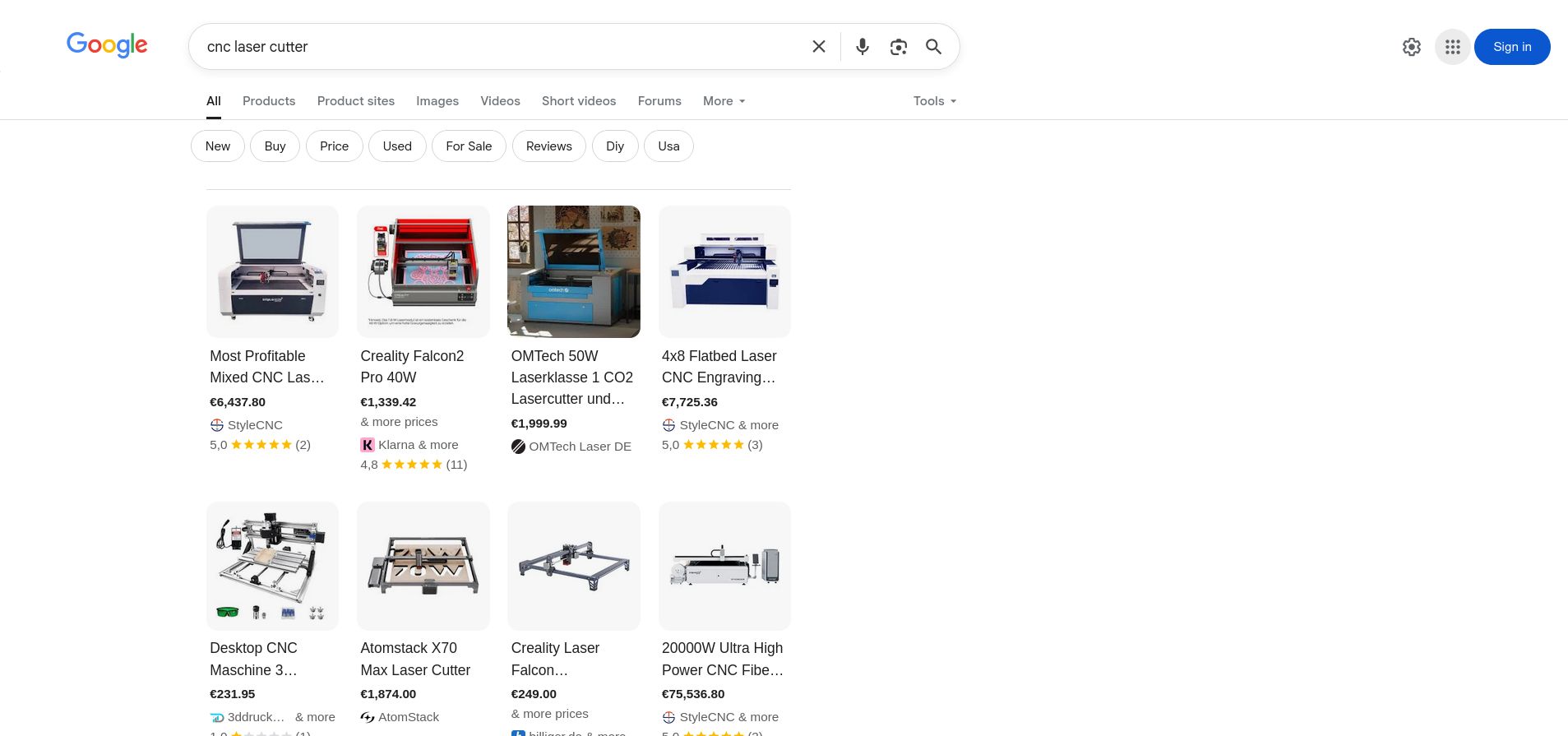 Google search results for "CNC laser cutter". Many expensive devices (1000 through 75000 euros) pictured.