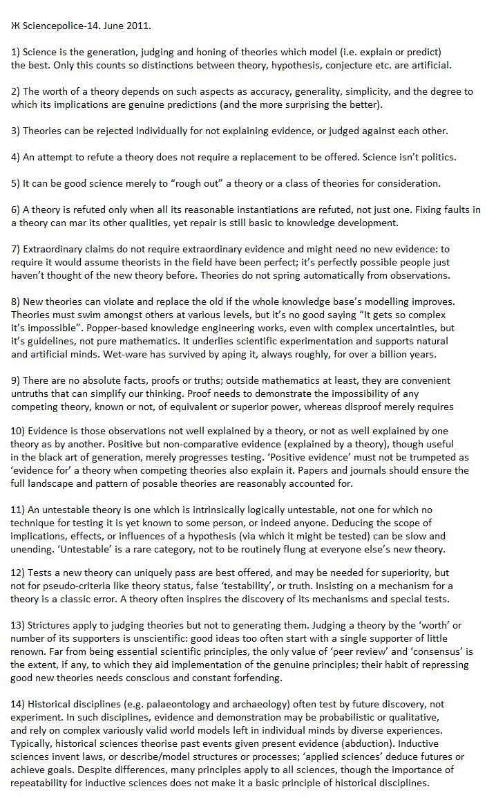 A set of 14 guiding rules for scientific theorisation, largely gained through watching bad practice amongst palaeontologists and avoiding their mistakes.  These rules cover both inductive, i.e. experimental sciences, and historical sciences.