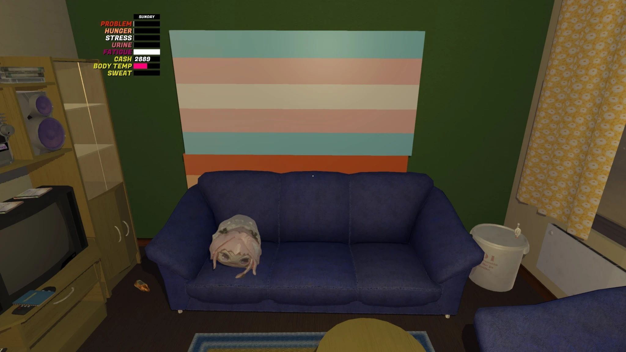 Screenshot of My Winter Car inside the player's apartment. There's a couch with an Astolfo bean plushie on it. Behind the couch are two pride flags stacked on top of each other. The bottom one is lesbian, the top one is transgender. On the left is a TV set and a radio set. On the right is a bucket, heater, and another couch. The player stats displayed on the left top are lesbian themed.