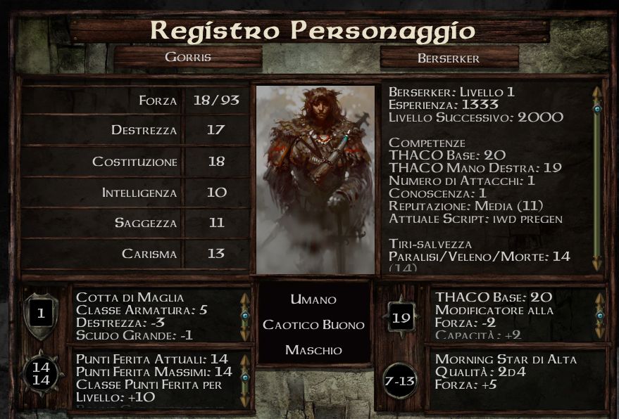 Screenshot delle statistiche di Gorris.
Umano, Caotico buono, Maschio, Livello 1

Arma primaria: Morning star di alta qualità (2D4), danno 7-13
Armatura: Cotta di maglia

Forza: 18/93
Destrezza: 17
Costituzione: 18
Intelligenza: 10
Saggezza: 11
Carisma: 13
