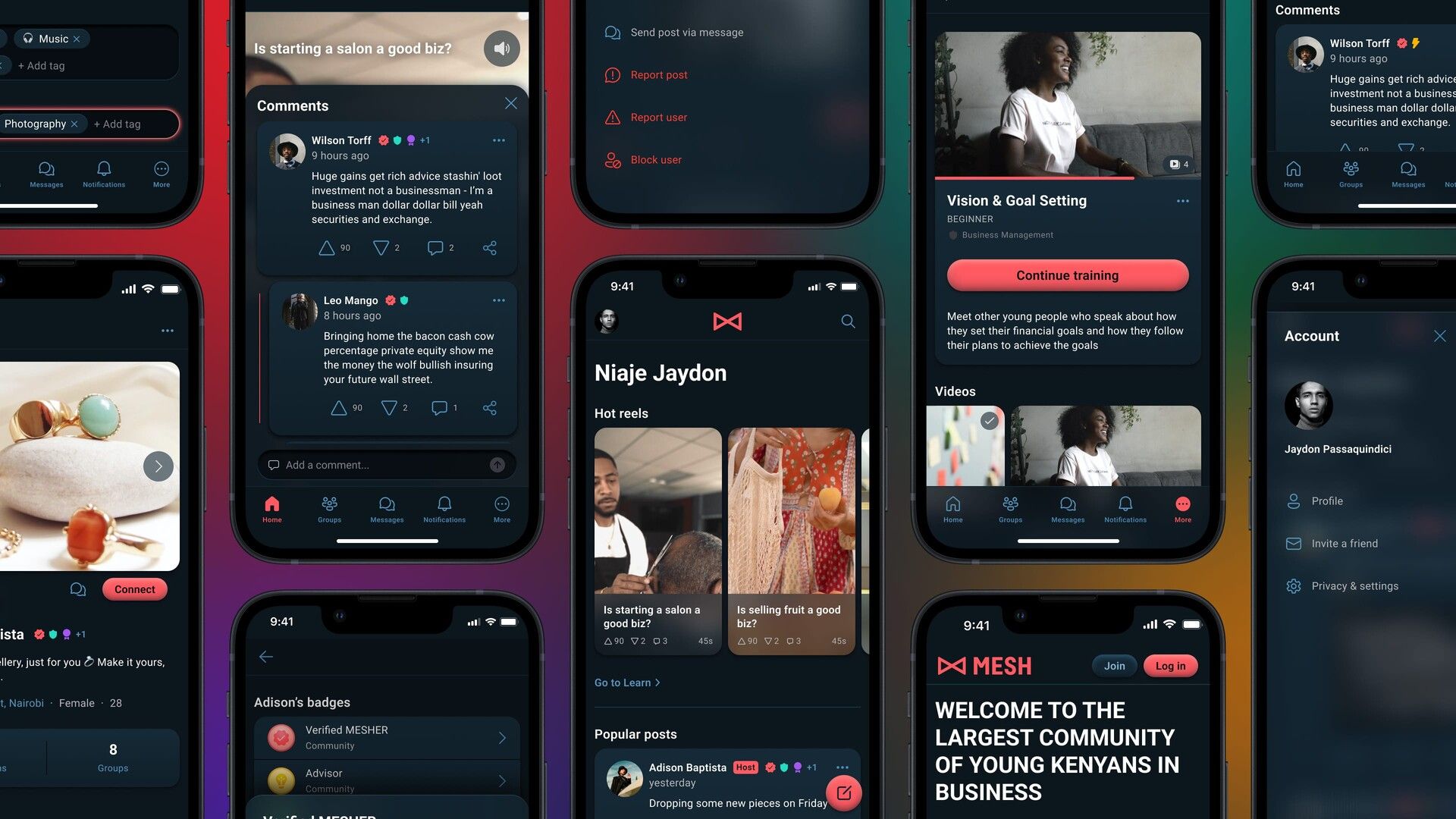 A collection of screens from the business-focused social networking app, MESH. They are characterised by a primarily dark blue and raspberry red colour palette, tappable cards, and glass-like modal elements.