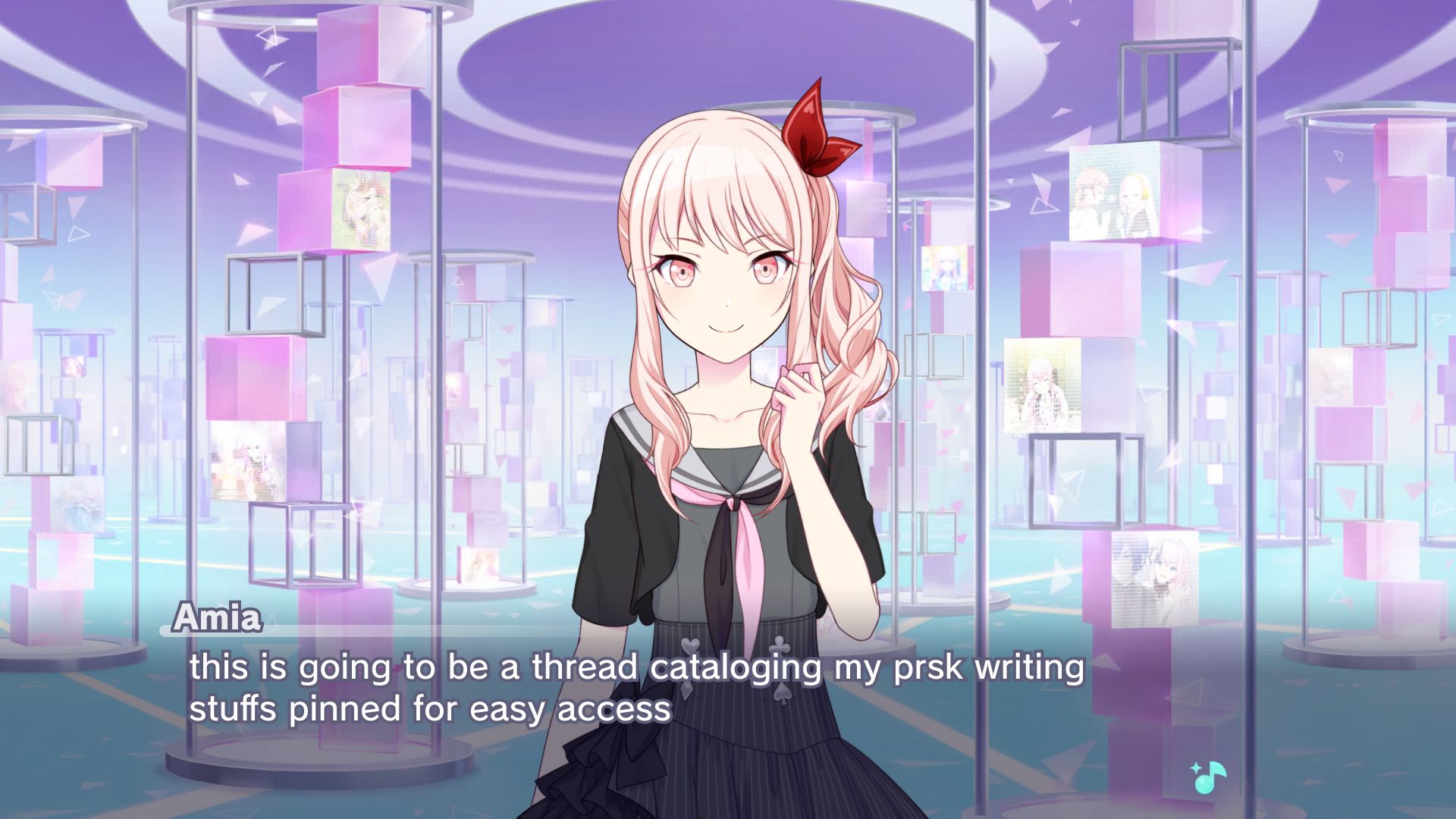 project sekai custom story board with mizuki in some abstract space with spiral cube columns that have prsk memories on them saying "this is going to be a thread cataloging my prsk writing stuffs pinned for easy access"