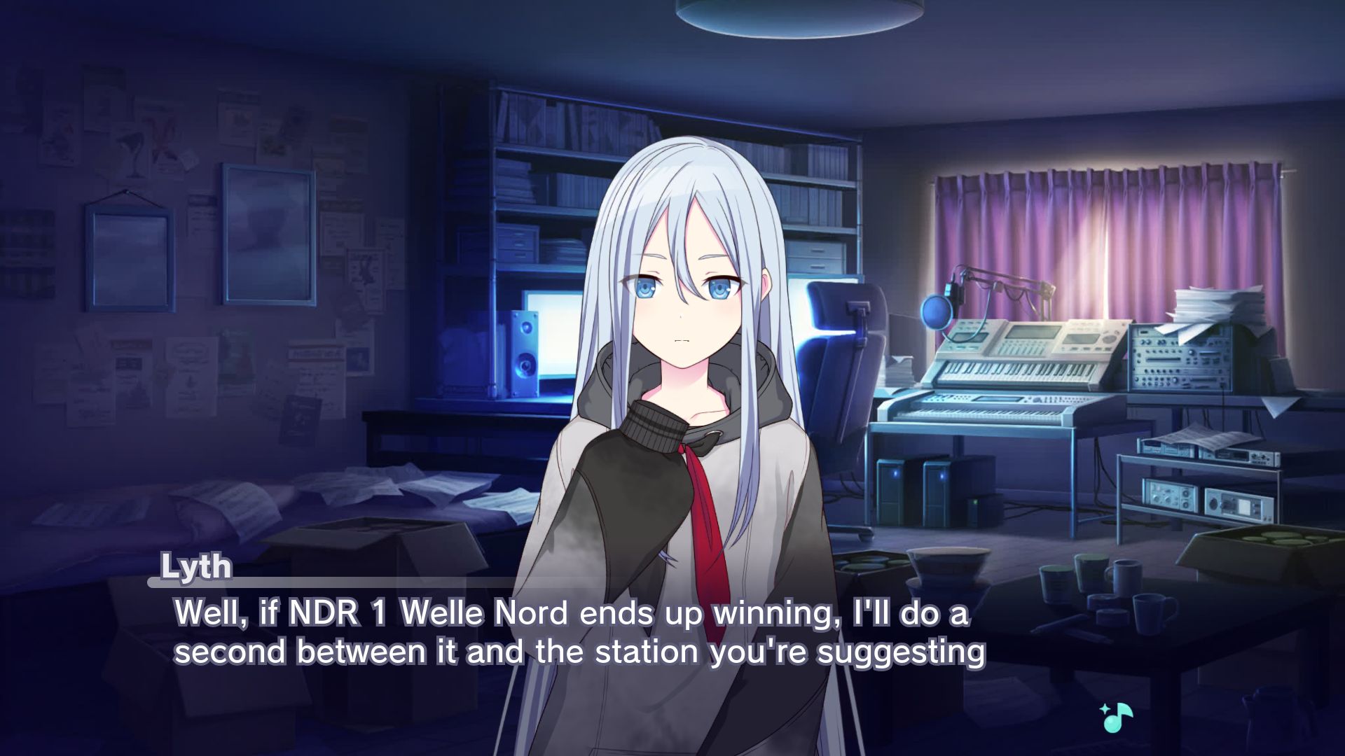 Project Sekai custom scene of Lyth in an approximation of her room responding to maxi's suggestion with "Well, if NDR 1 Welle Nord ends up winning, I'll do a second [round] between it and the station you're suggesting"