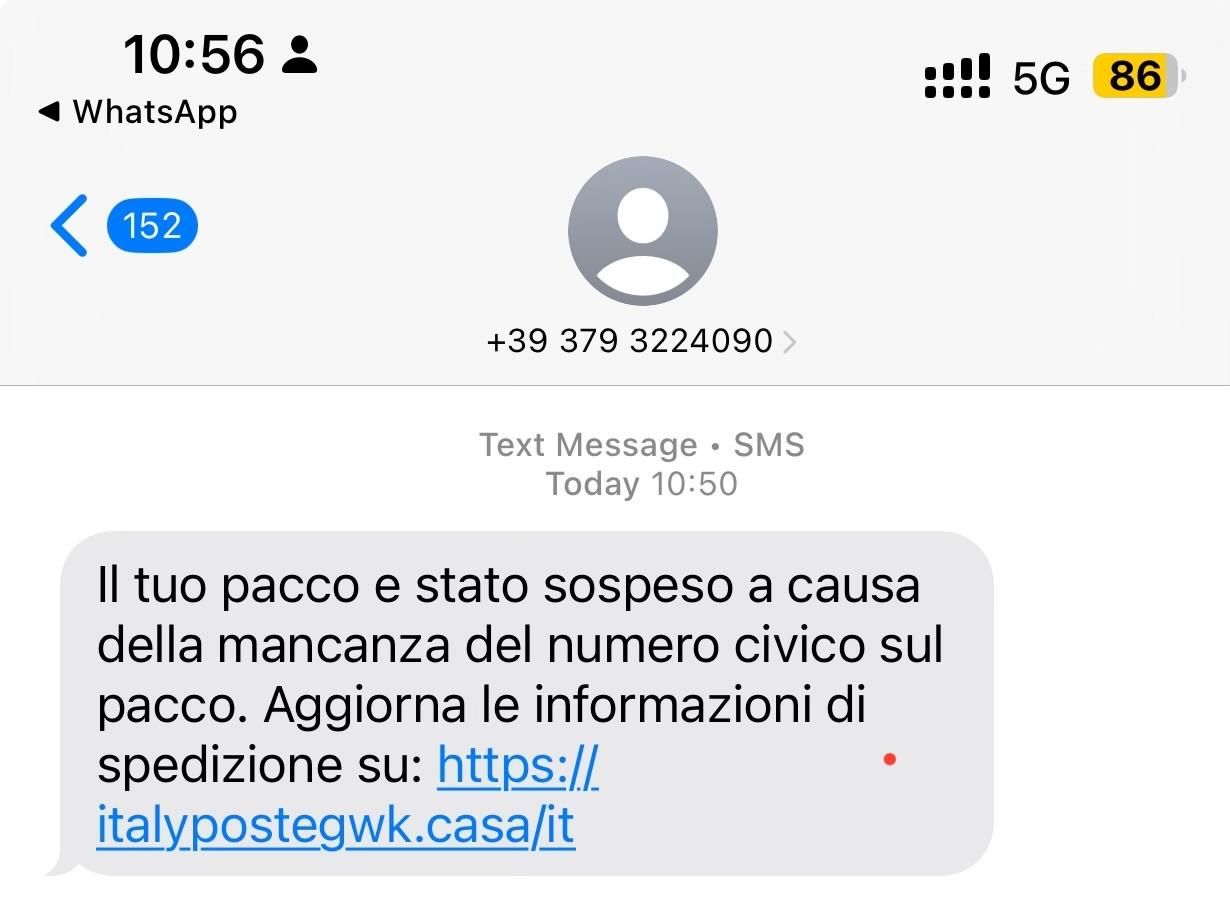 Messaggio sms di scam