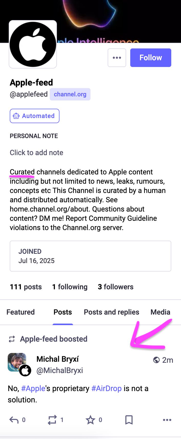 Apple-feed account boosted my post not talking nicely about Apple.