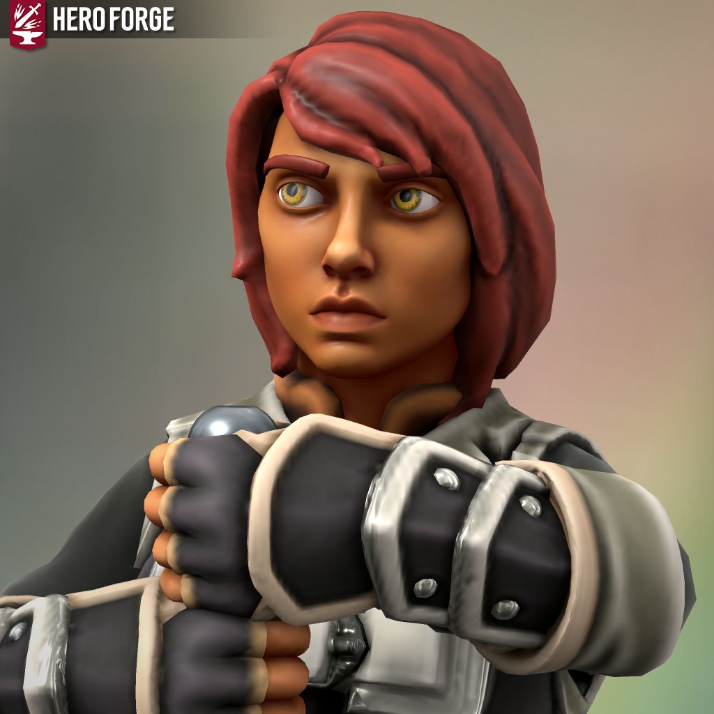 Heroforge creation of main character Elena, a light brownish skinned, red haired woman with amber eyes