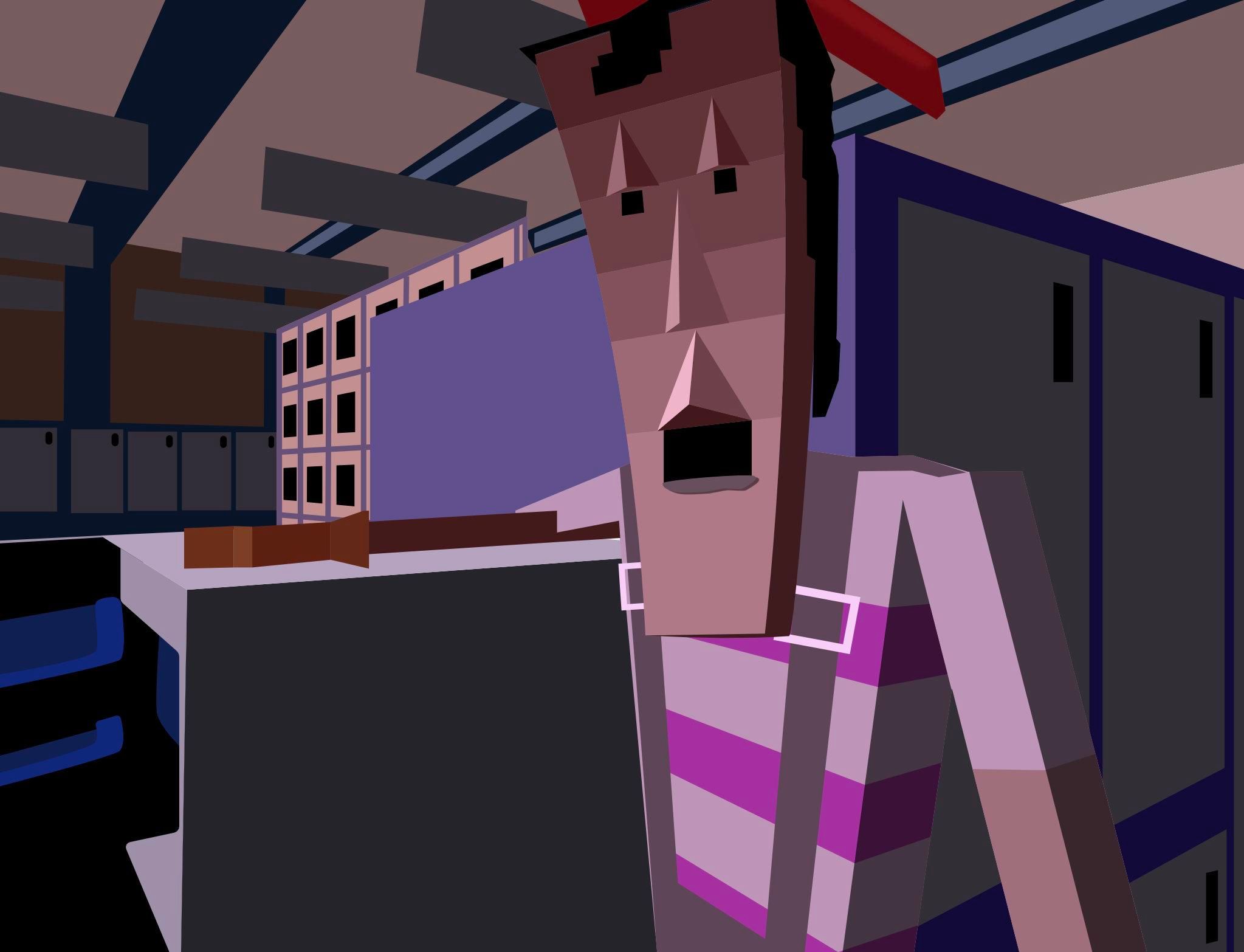 Vector drawing of a still from the seminal Dire Straits video to "Money for Nothing", 1985. One, very low-poly, 3D rendered handyman is leaning on a refridgerator with its door open. He is in a room with lots of cabinets.