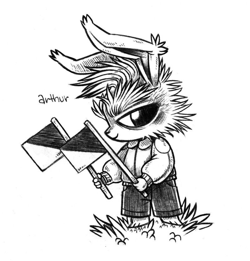 a drawing of a humanoid rabbit named Arthur, standing while holding two oscar flags. They've got wild hair and eyebrows. They are wearing a jacket with a rounded color and dark pants. They are giving you a side glance while grinning.