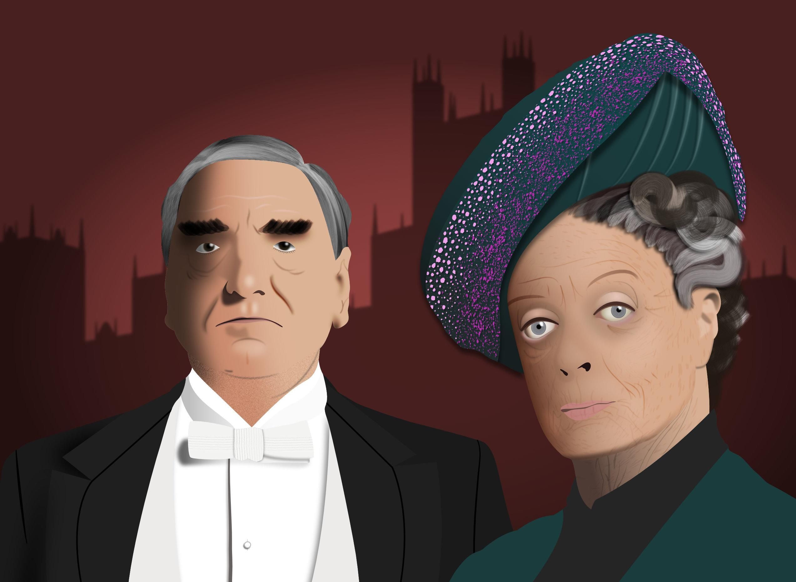 A vector drawing of Carson (left) and Violet Crawley (right) from Downton Abbey as played by Jim Carter and Maggie Smith. A maroon background with the silhouette of the main building.
