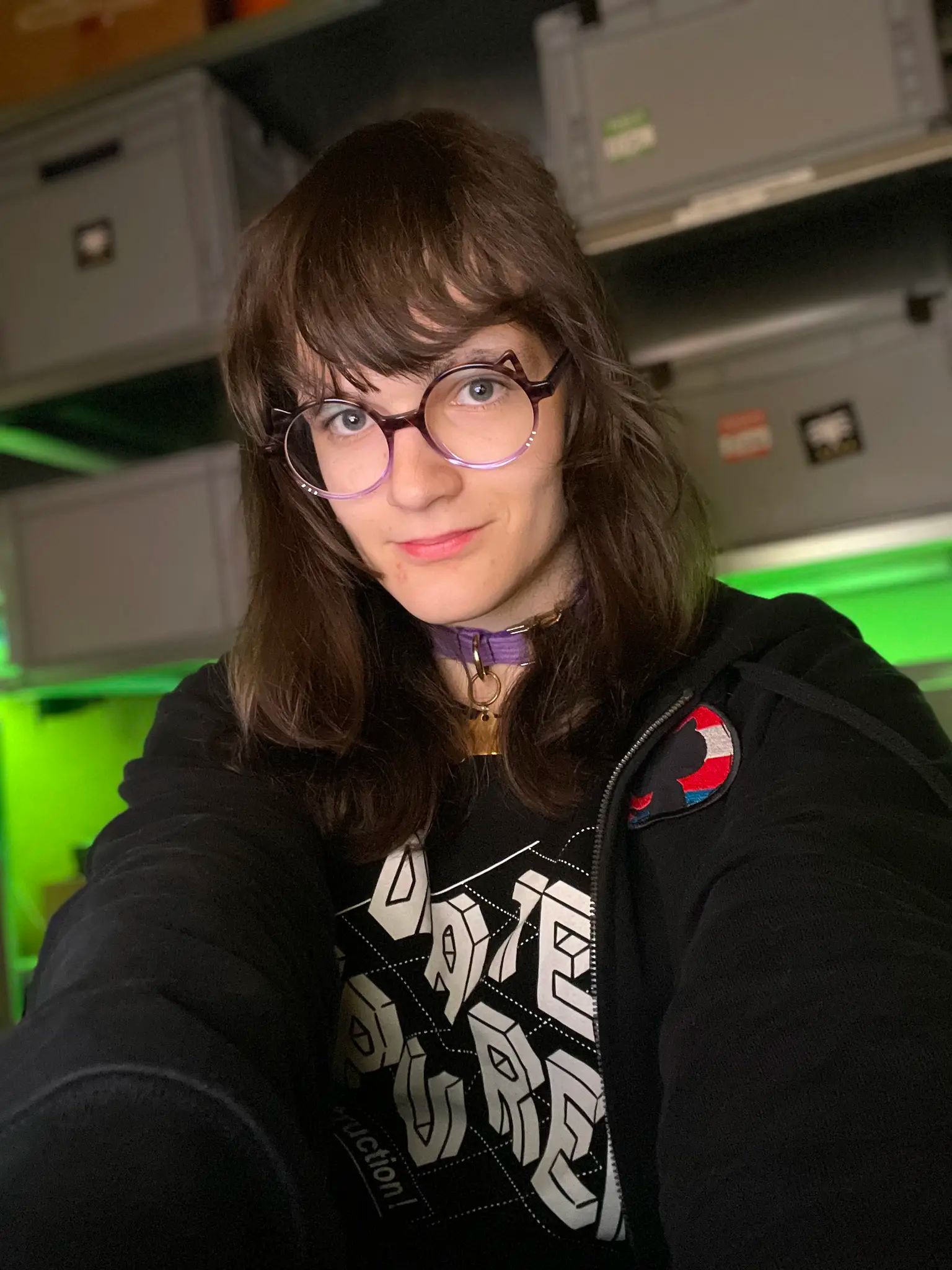 Photo. Person with long brown hair and purple round glasses tilts their head slightly while looking at the camera with a subtle smile. They wear a black hooded jacket with a transgender colored github logo patch on it, a purple collar with a gold bone charm, and a black shirt with white 3D text