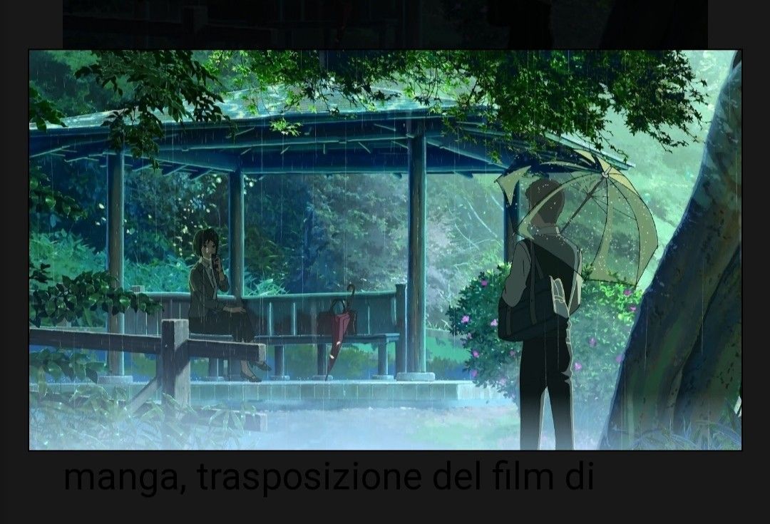 Anime: Giornata di pioggia in un parco. Donna giovane seduta su una panchina che beve una birra sotto un gazebo e studente con ombrello trasparente che la  guarda.