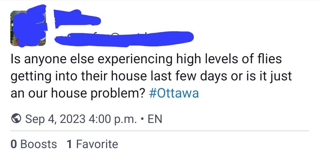 A Mastodon toot asks: "is anytime else experiencing high levels of flies getting into their house the last few days or is it just an our-house problem?

They were never heard from again.