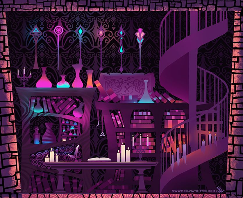 Created in March 2017 for an unannounced game. 
https://www.deviantart.com/sylviaritter/art/Evil-Library-Concept-Art-672550674

Magic potions in various glass carafes and staffs were put in bookshelves. A treasure map and amulets show big plans. A desk with candles, quill, ink and a notebook show that someone is working hard on new enigmatic inventions. 
